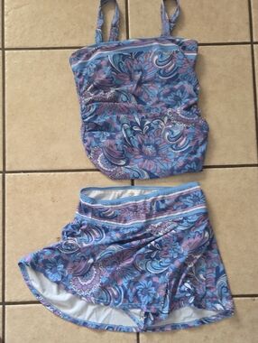 Blue & Purple Floral Tankini Set with Skirted Bottom - Women Swim
